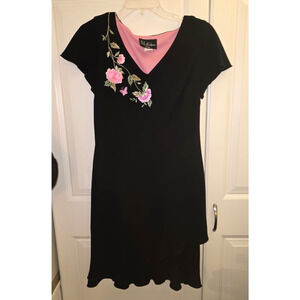 SL Fashions Black Cocktail Dress Vintage Embroidered Roses Size 12P